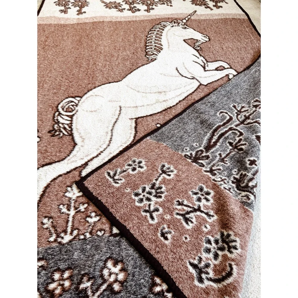 Vintage Reversible Unicorn Throw Blanket Floral Cottagecore Brown 84 x 52 Plush